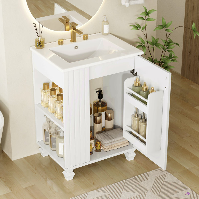 Meuble-lavabo 24 po avec lavabo, armoire de salle de bain avec tablette de porte, rangement latéral ouvert, structure en bois massif, porte à fermeture douce