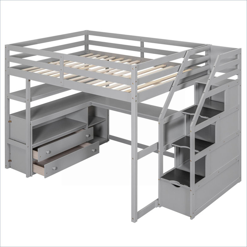 Lit mezzanine pleine grandeur en pin massif gris froid avec bureau intégré, tablettes et rangement pour chambres résidentielles