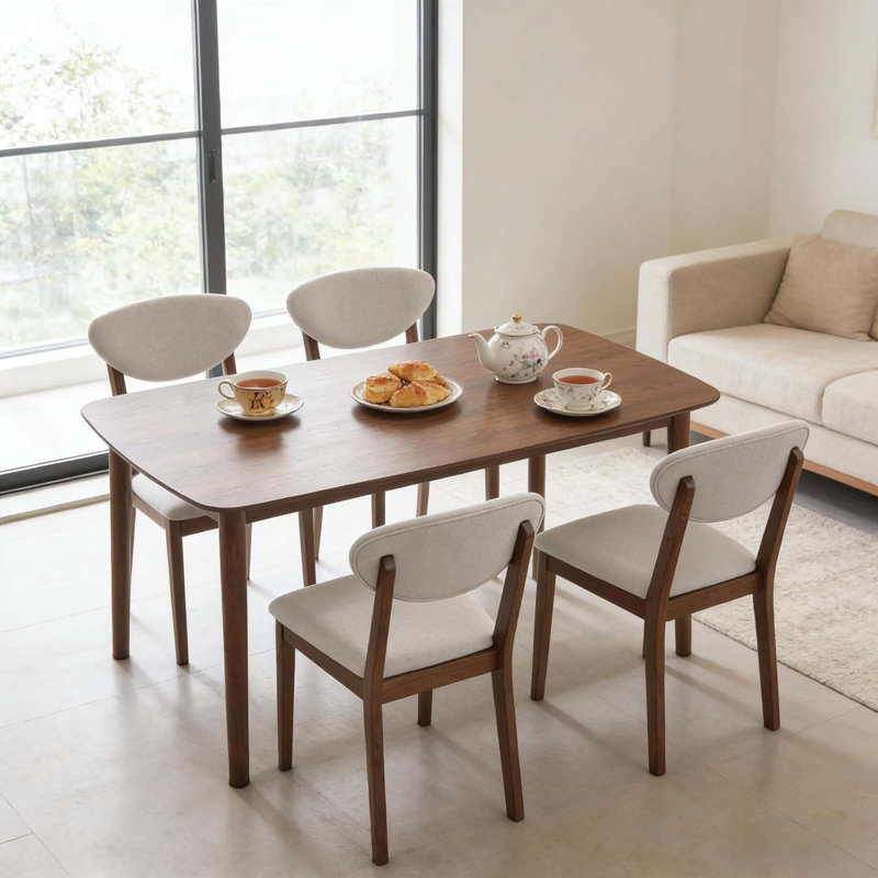 5PCS Stable Dining Table Set, Compact Kitchen Table With 4 Uphollstered Chair, Cream White