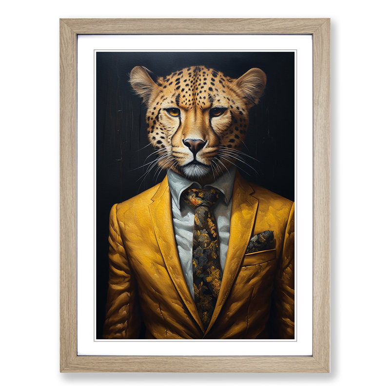 Cheetah In A Suit No.2 - Single Picture Frame Print on Wood, 46cm H x 34cm W x 2cm D, Oak