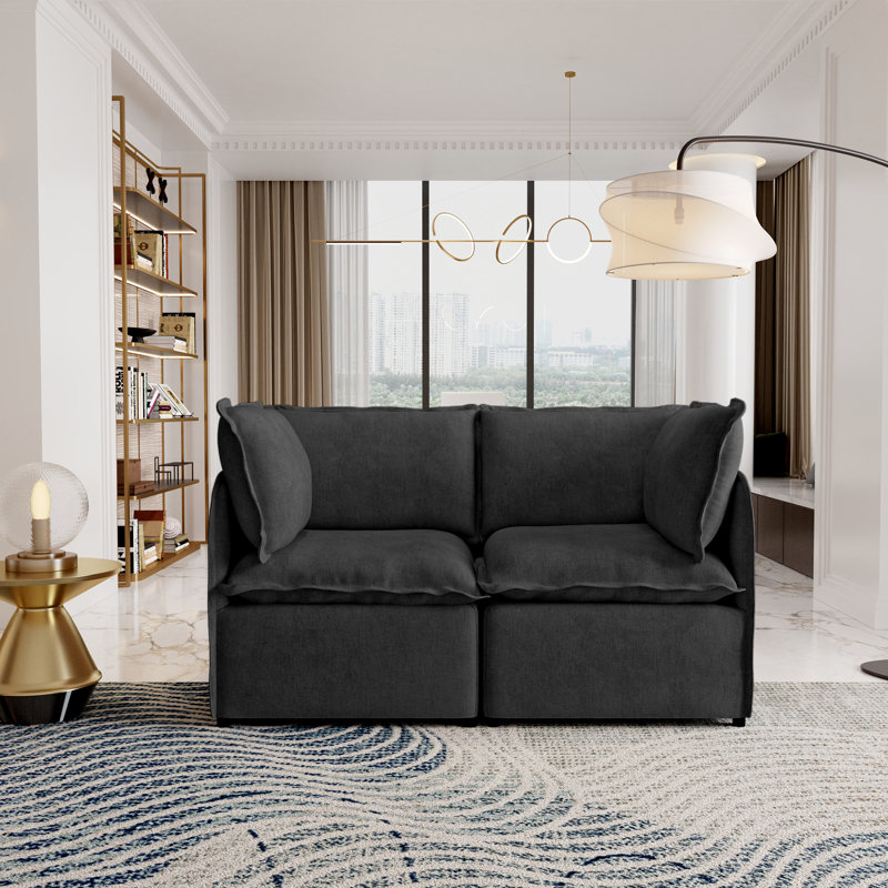 Ensemble de canapé modulaire 2 pièces, fauteuil d'angle double avec structure en fer léger et housse, Noir