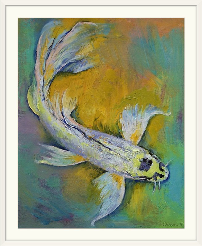 « kujaku papillon koi » par l’impression de peintures Michael Creese, H 38 po x l 32 po x P 1 po, Cadre blanc
