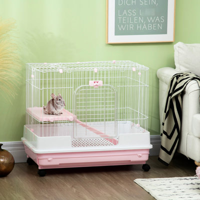 Cage à furet à 2 niveaux avec roues et rampe coulissante, plateau amovible, pour, chinchillas, roues de cochon d'Inde rose, furet,