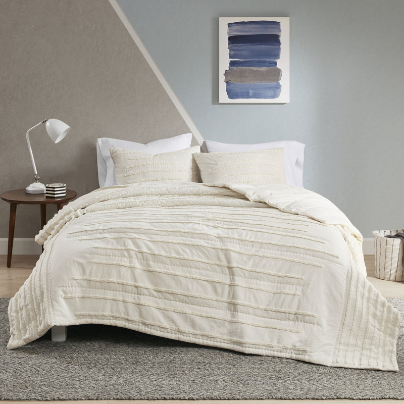 Mercer 100% Cotton 3 Piece Quilt Set with Chenille Trims, Ivory, Full/Queen Coverlet + 2 Shams