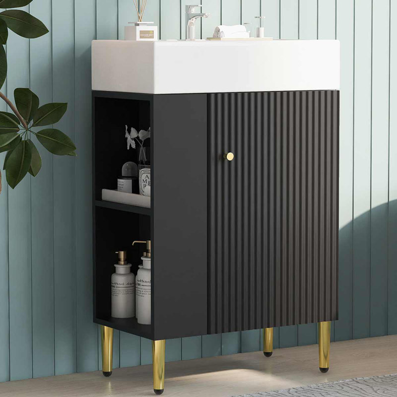Meuble-lavabo autoportant de 21,6 po avec lavabo en céramique pour petites salles de bain, rangement latéral, Noir