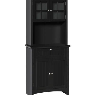 Rangement élégant pour garde-manger avec tiroir d'armoire de cuisine noir, espace pour micro-ondes et tablettes réglables pour la vaisselle