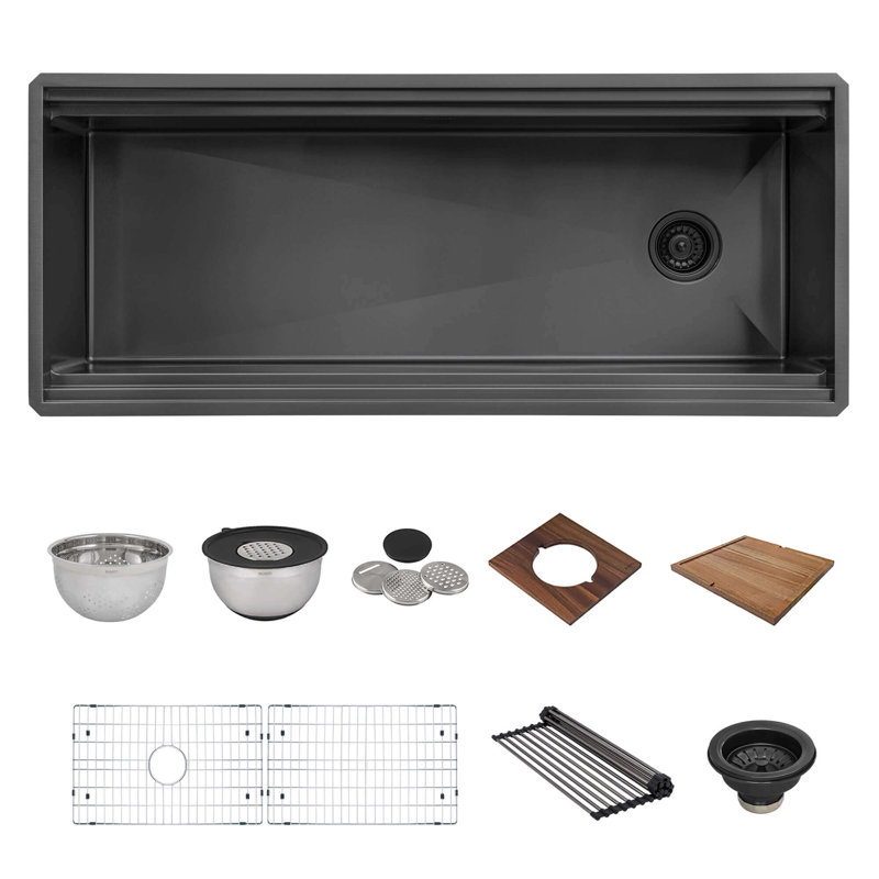 Ruvati 45-inch Stainless Steel Workstation Two-Tiered Ledge Undermount Kitchen Sink, Black