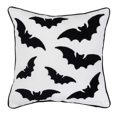 Black Bats In Flight Silhouette Tufted Piped Throw Pillow 16" x 16"