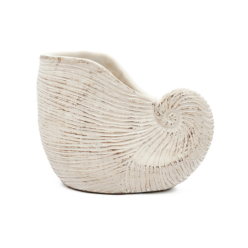 Sand And Cement Nautilus Shell Planter With Textured Beige Finish, 6.3" H x 8.5" W x 5.5" D