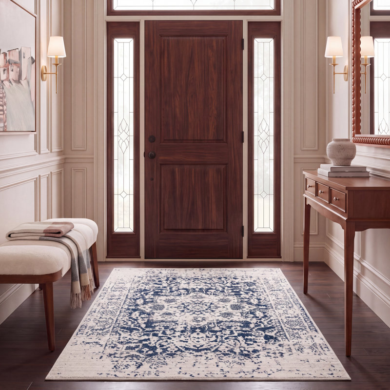 Tapis oriental iranien crème / bleu marine, Rectangle 5 pi 3 po x 7 pi 6 po