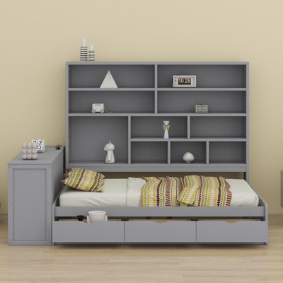 Wooden Daybed With Three Drawers ,Desk ,Shelves And Lights