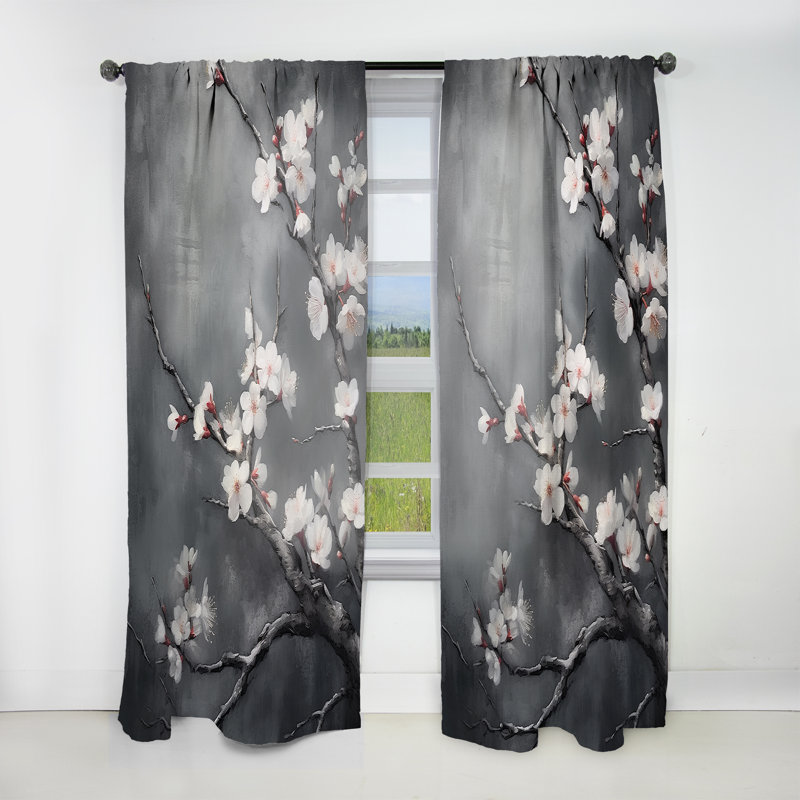 Elu Cherry Blossoms White On 20 Shades Of Grey - Cherry Curtain - Velvet Room Darkening - 1 panel, 52" W x 108" L