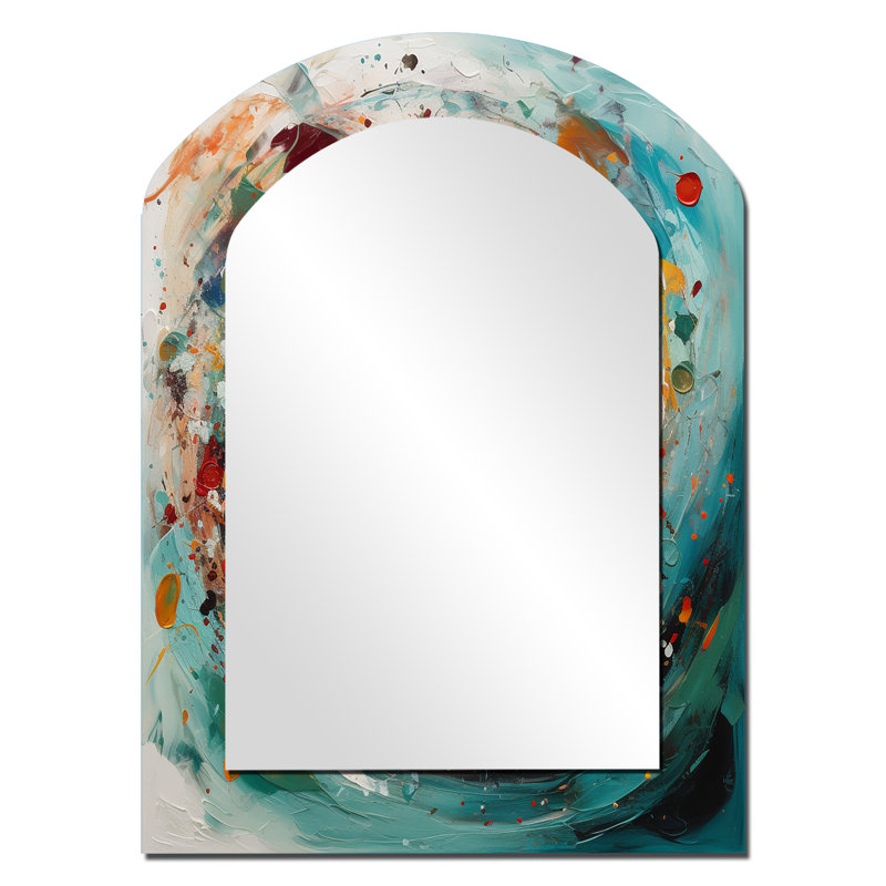 Mariage en spirale de l'ambre électrique et de la sarcelle II - miroir mural unique en forme d'arche abstraite, 34 po x 25 po