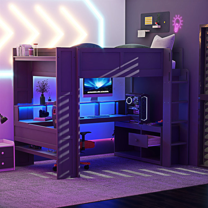 Lit mezzanine double en bois avec bureau et station de charge, Double