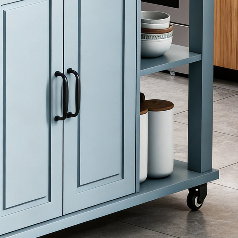 47.3-Inch Kitchen Island With Extendable Dining Table, Rubberwood Veneer, Built-In Storage Shelves And Sockets, 2 Drawers And 2 Cabinets, Grey-Blue Color.