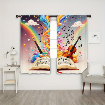 2PCS Vibrant Music Notes and Instruments Creative Design Light Filtering Curtain with Rainbow Clouds Pattern, Fun Theme Decor, Easy Hang Rod Pocket, All-Season Curtains for Home Living Room Bedroom Study Home Decoration