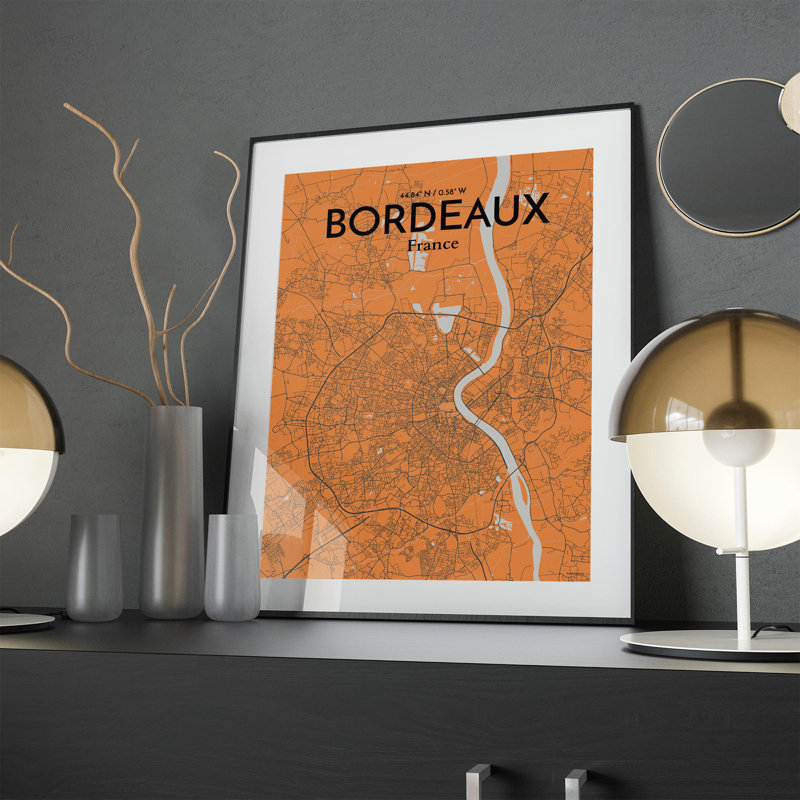 Bordeaux City Map In Orange - No Frame Print, 24cm H x 18cm W x 0.05cm D