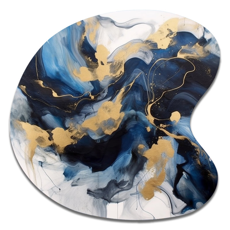 «Dark Blue and Gold Strokes», art mural fractal asymétrique, reproduction de sculpture murale en métal de forme unique
