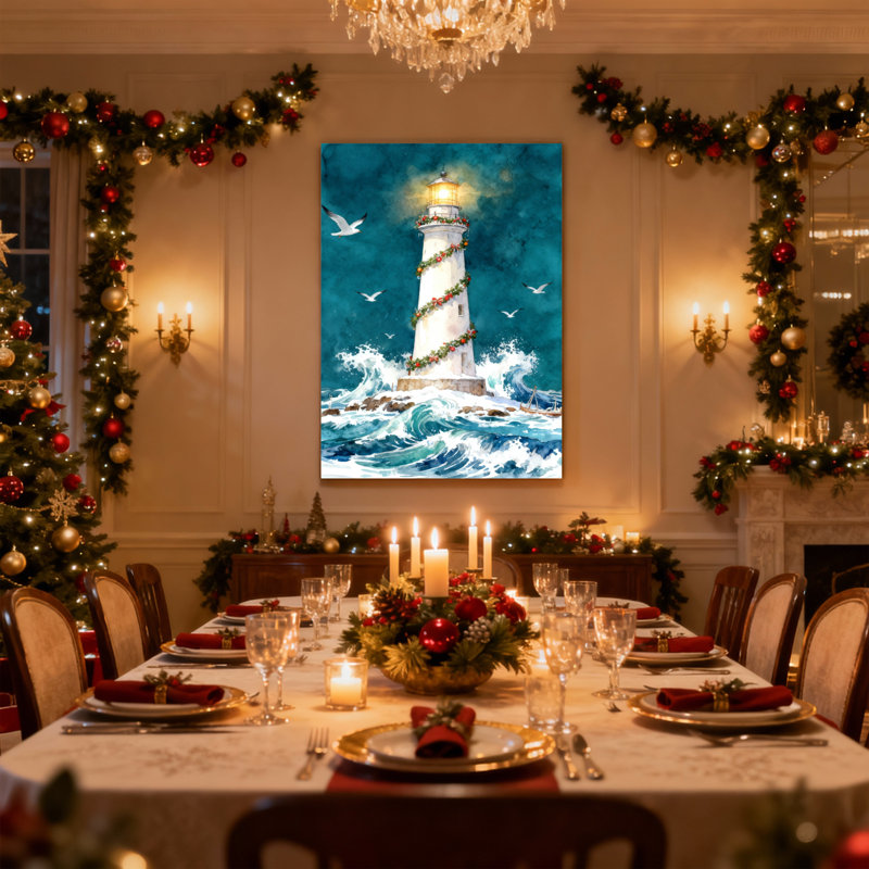 Phare de Noël, vagues de Noël, mouettes, veilleuse, ensemble de 3 impressions sur toile, H 30 po x l 20 po