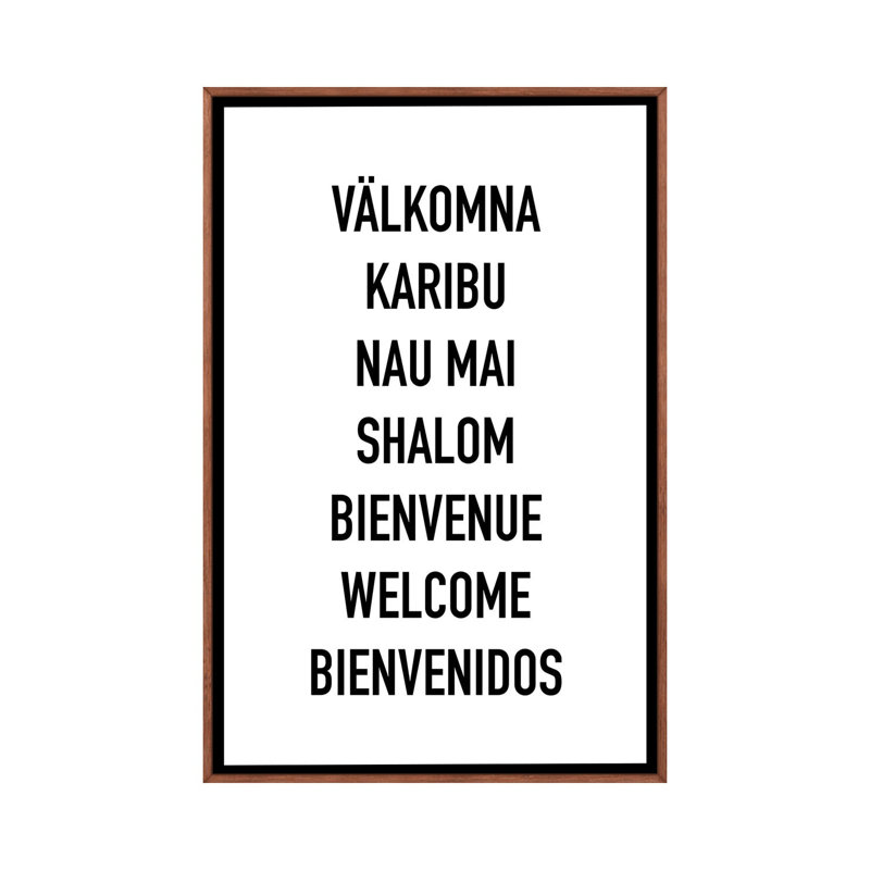 Welcome languages-impression d’art textuel, Pas de tapis, H 40 po x l 26 po x P 1,5 po, Toile classique avec cadre brun