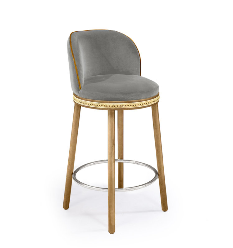 Alma Upholstered Stool with Solid Wood Frame, Satin Nickel, Counter Stool (27" Seat Height), Fog