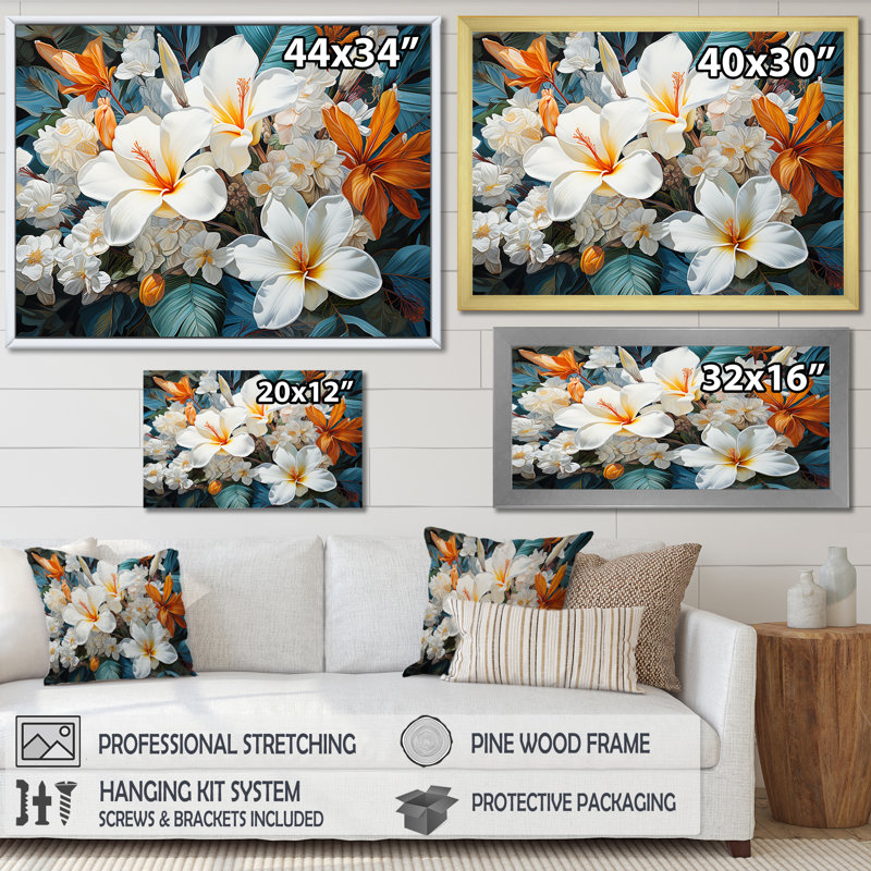 Fleur de plumeria beige et blanche, Toile tendue, H 24 po x l 32 po x P 1 po