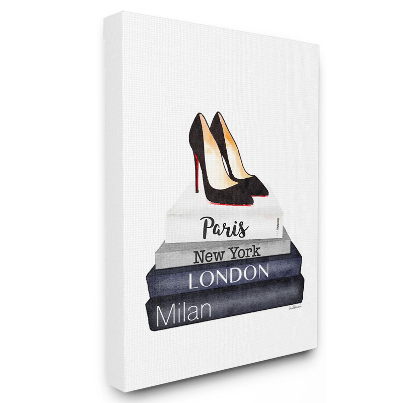 «Fashion Designer Shoes Bookstack Blue», impression, Toile tendue, H 30 po x l 24 po