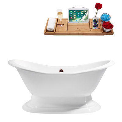 61" Streamline Freestanding Soaking Cast Iron Bathtub With Bamboo Tray