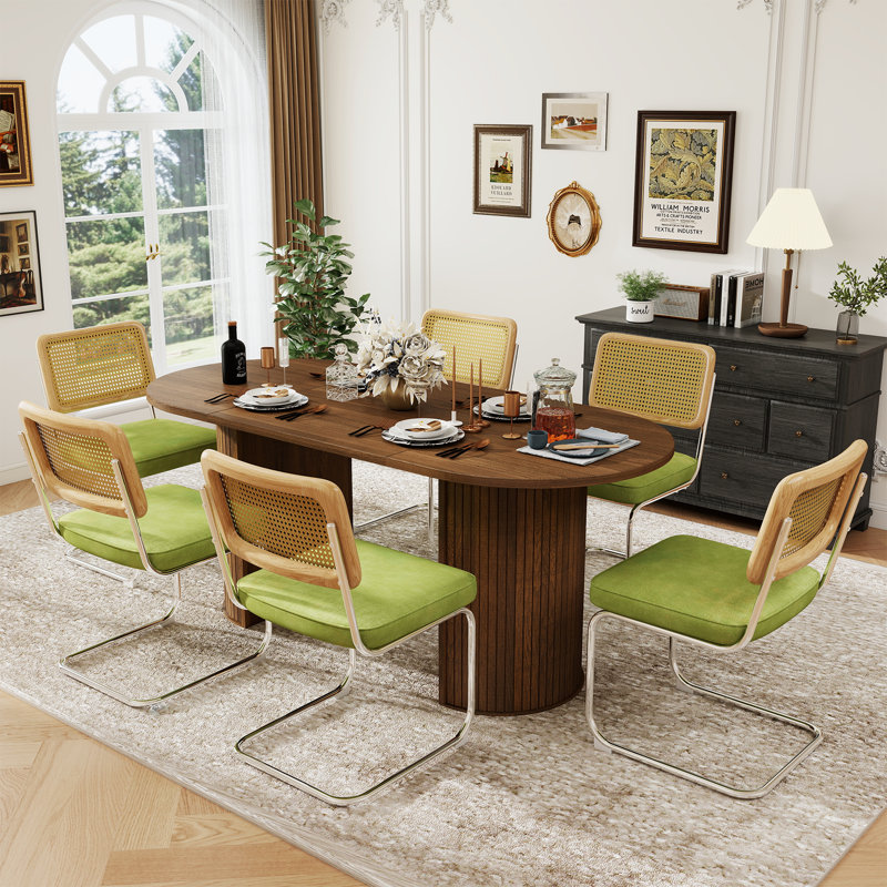 6 - Person Dining Table Sets With 70.8'' Oval Dining Table & 4 Upholstered Rattan Dining Chairs, Brown, Green/Light Brown