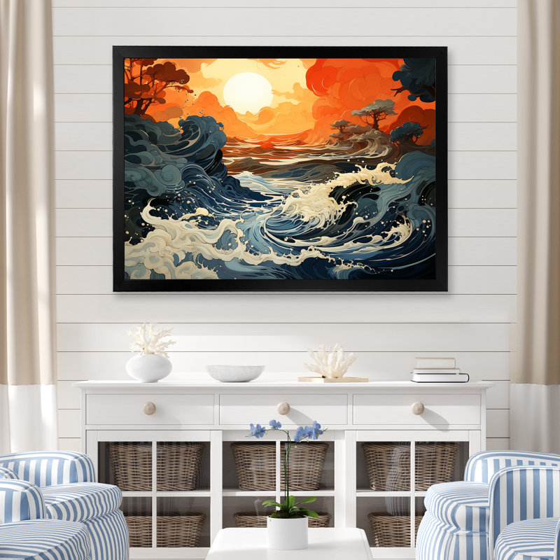 Coucher de soleil blanc et jaune - art mural coucher de soleil côtier, Cadre d'angle fermé noir, H 30 po x l 40 po x P 1,5 po