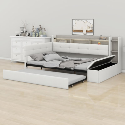 Lit de jour avec revêtement, lit gigogne, lumière DEL, station de charge USB, repose-pieds et tablettes de rangement