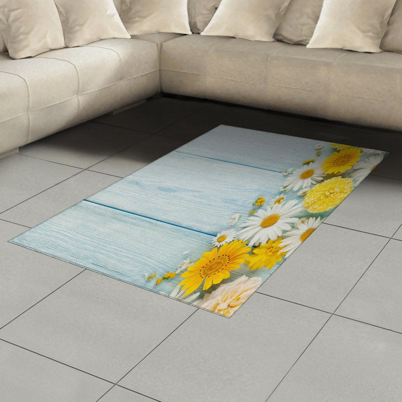 Yellow Flower High Density Long Fiber Poly Threads Decorative Area Rug Carpet, Rectangle 4' x 5'8"