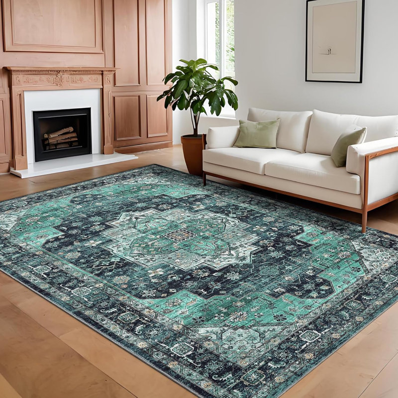 Vintage 2x6 Washable Runner Rug – Non-Slip Non-Shedding Foldable Distressed Traditional Carpet for Kitchen Bedroom Entryway Bathroom Brown/Green.