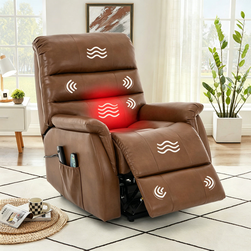 Power Lift Recliner Chair for Elderly, PU Leather Massage Recliner with Heat & Side Pockets, Electric Reclining Sofa for Living Room & Bedroom, Dark Brown