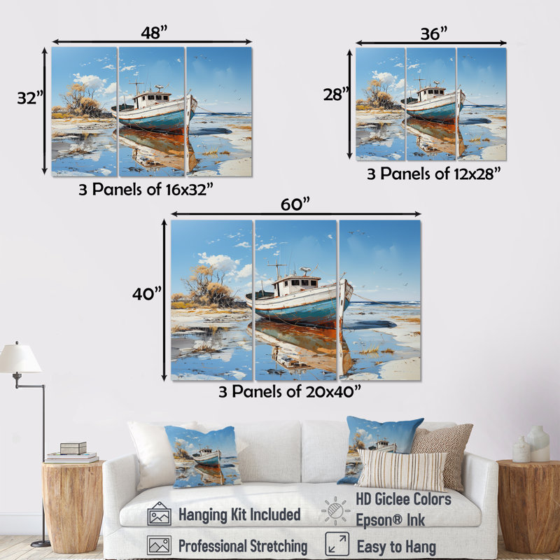 «Blue and White Boat Scenery» - ensemble d'art mural bateau côtier, H 40 po x l 60 po x P 1 po