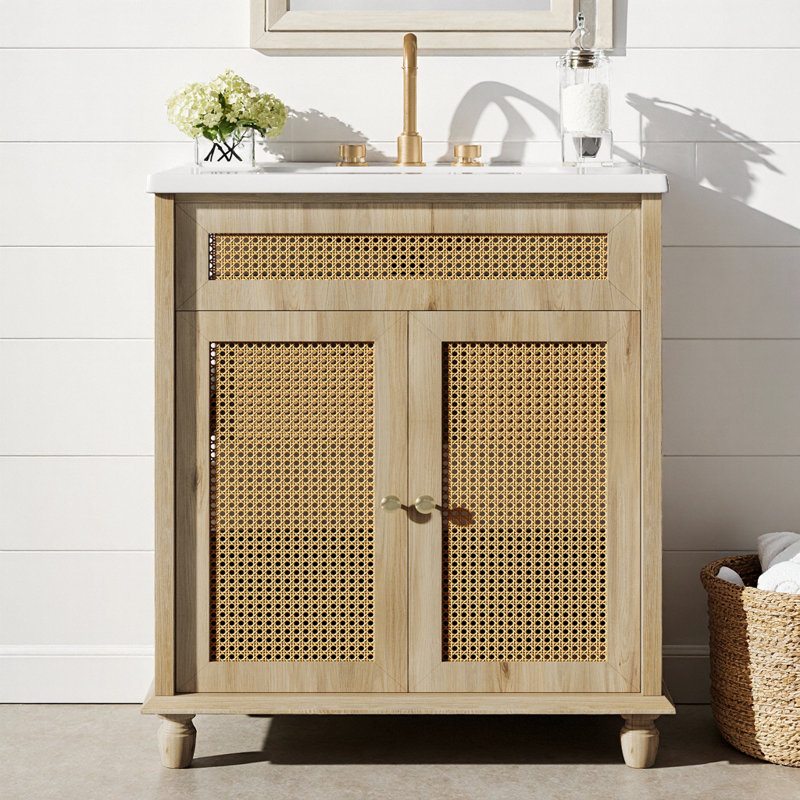 Meuble-lavabo moderne 30 po avec portes en rotin tissé à la main, cuve en résine et pieds en bois massif