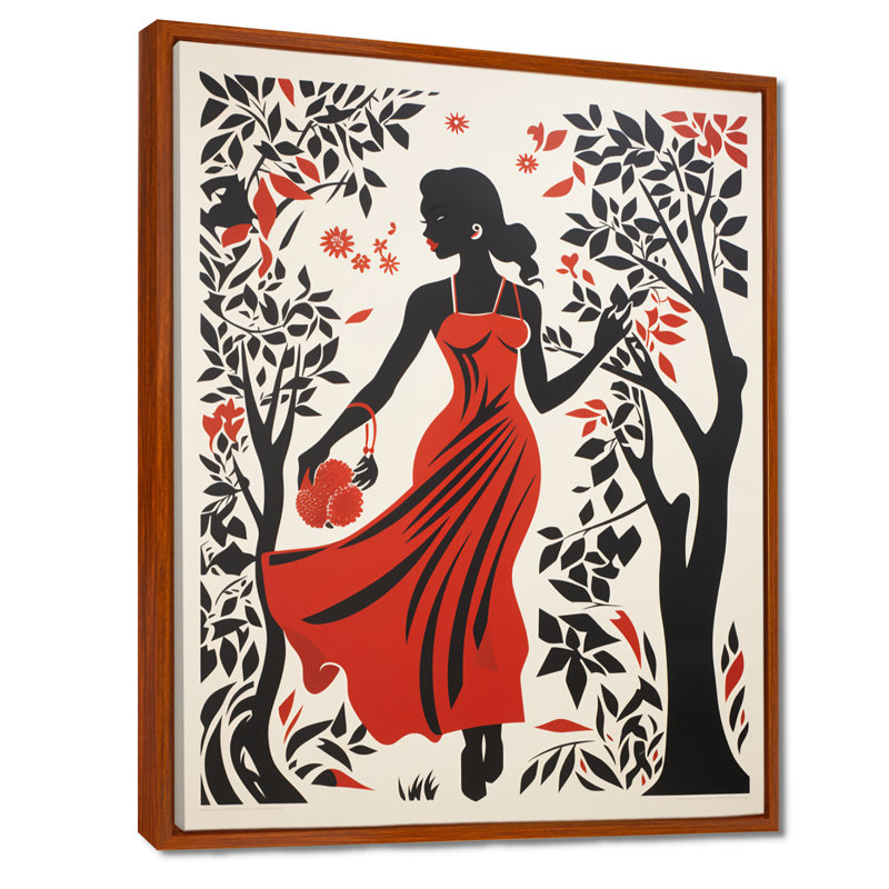 Dame avec la robe rouge dans les bois - mode femme, décoration murale, H 32 po x l 16 po, Cadre flottant doré