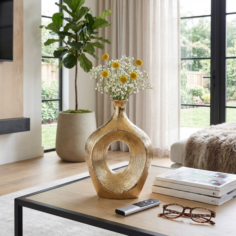 Vannorman Ceramic Sculptural Cut-Out Table Vase , Scratched Champagne, 13"H x 9"W x 3"D