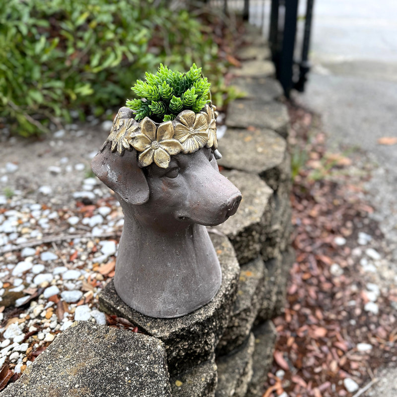 Pot de fleurs d'intérieur en forme de buste de chien, en oxyde de magnésium brun et doré, sans trou de drainage, hauteur 33,7 cm (13,25 pouces).