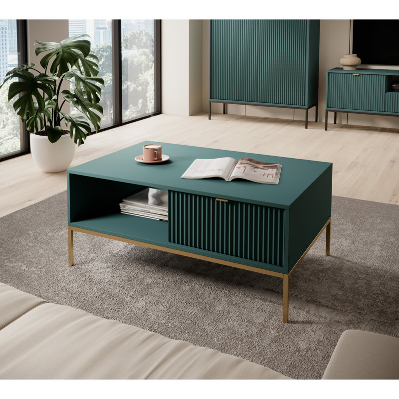 Kenly Four Leg Coffee Table with Storage, Golden, Labrador Green