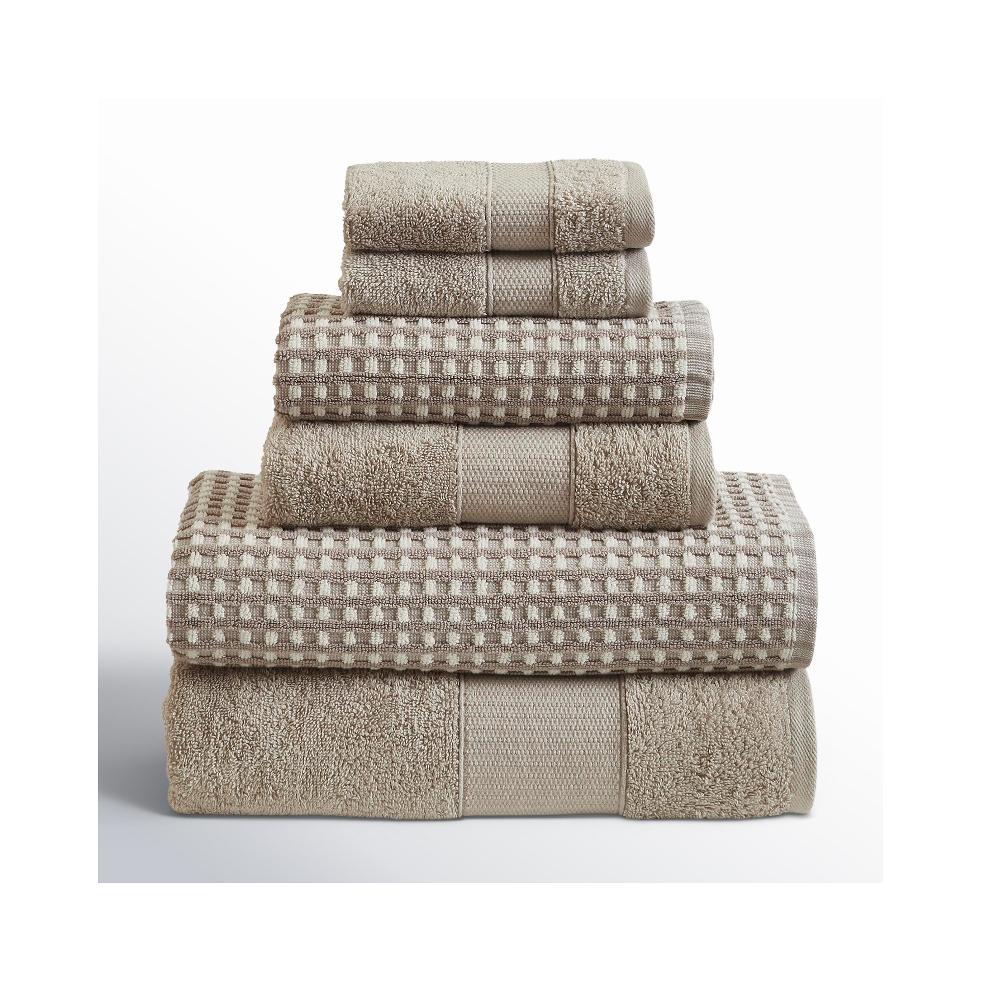 Modern Threads Drucilla 6-Piece 100% Combed Cotton Yarn Dyed Cobblestone Jacquard Towel Set, Flax