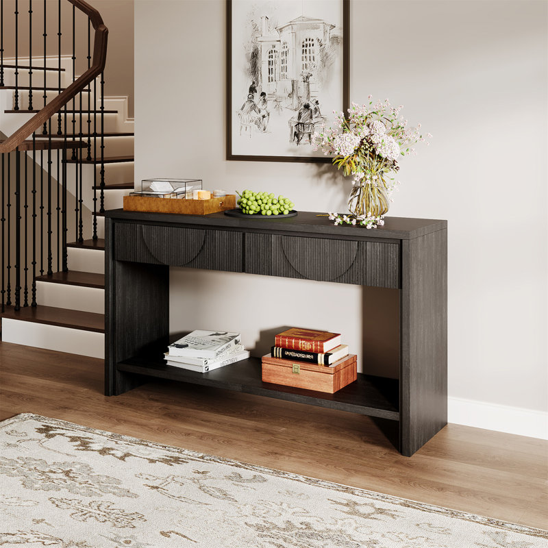 Console de style campagnard - canapé long de 55,12 po avec tiroirs de rangement et tablette ouverte - noir, Noir