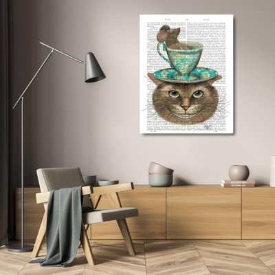 Art sur toile tendue Red Barrel Studio® Fab Funky Gallery, titré: Cheshire avec tasse sur la tête
