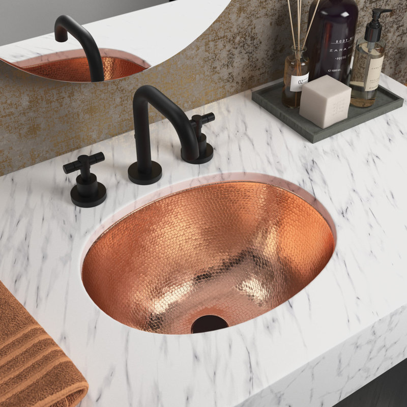 Cameo Hand-Hammered Copper Oval Dual-Mount Bathroom Sink, Polished Copper