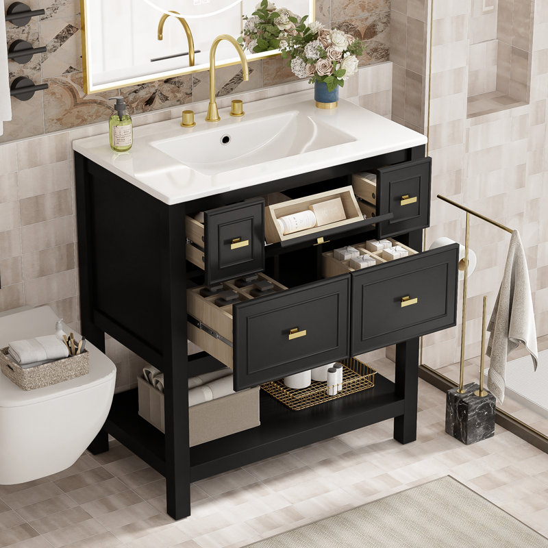 Meuble-lavabo avec lavabo et 5 tiroirs, Noir