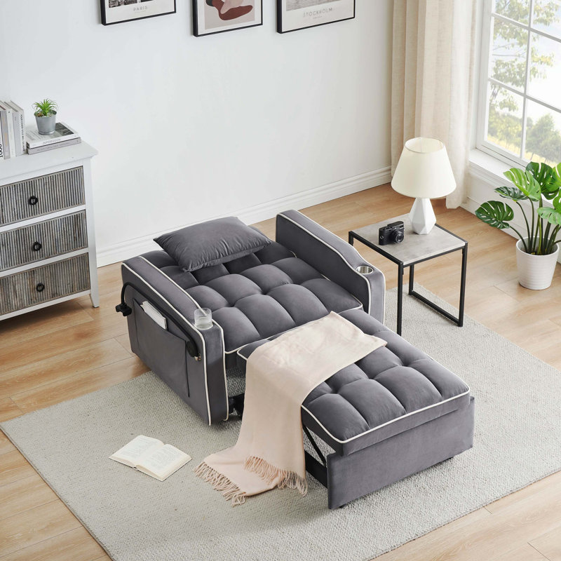 Canapé-lit polyvalent pliable à 3 longueurs, lit escamotable moderne en velours avec dossier réglable, port USB, cendrier et support pour téléphone pivotant