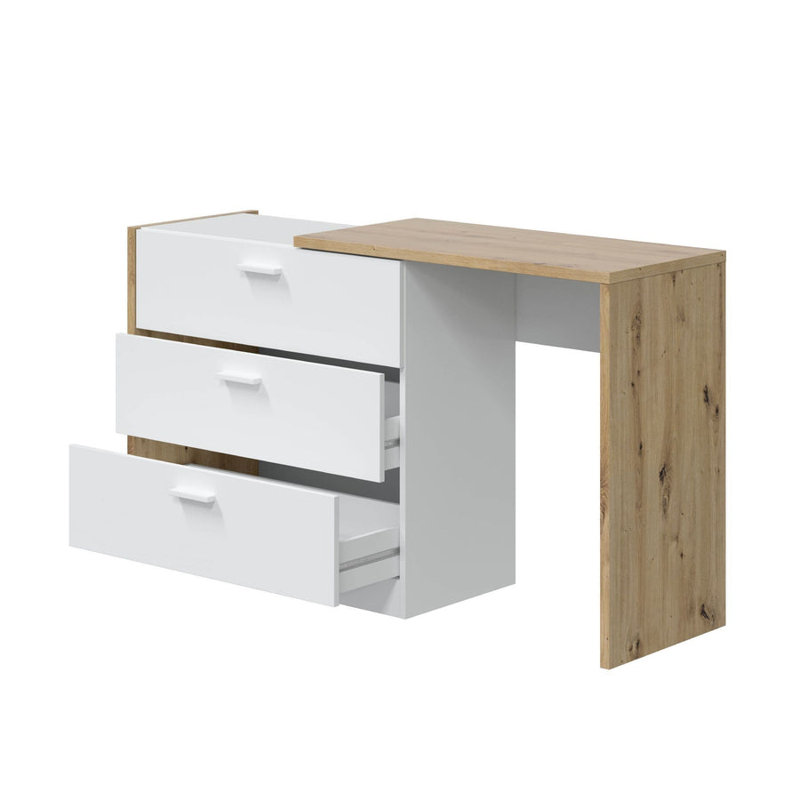 Vesta White And Oak Chest Of Drawers That Converts Into A Desk Space-saving Office Desk With 3 Drawers