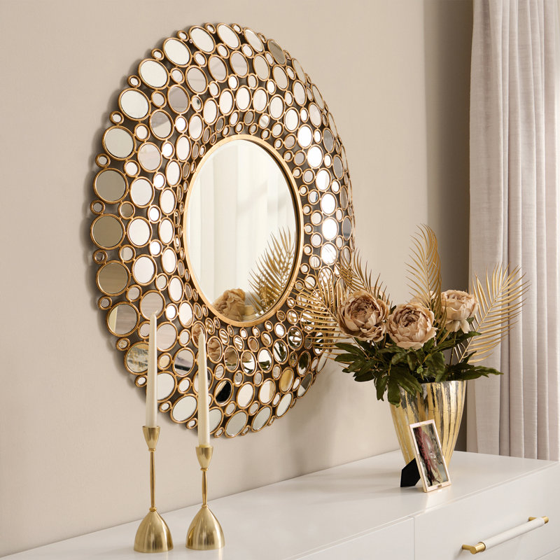 Victoria Round Metal Framed Wall Mounted Accent Mirror in Gold