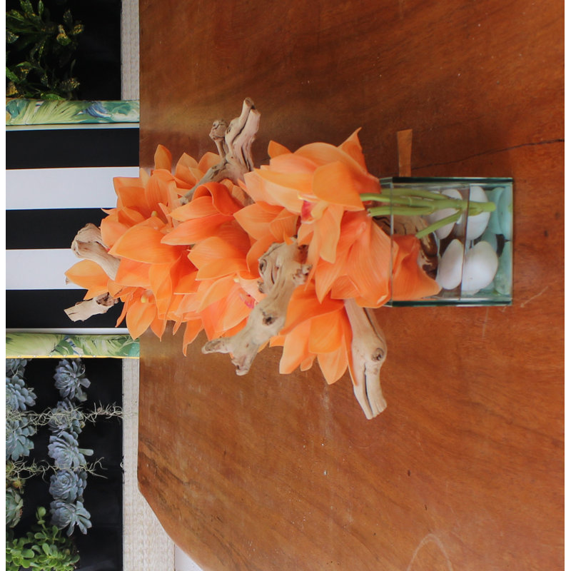 Driftwood Cymbidium Orchids Centerpiece in Glass Planter, Orange, 8" H x 24" W x 6" D