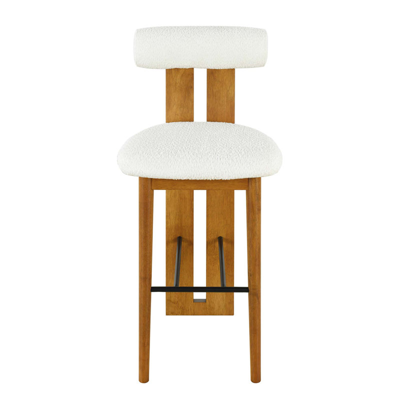 Ensemble de 2 tabourets de bar rembourrés en bois Renee, finition noyer et revêtement, Bouclé blanc